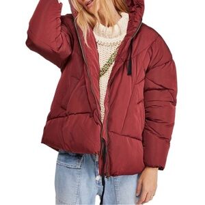 EUC Free People Hailey Puffer Coat Hooded Jacket Wine Red Womens S Oversized